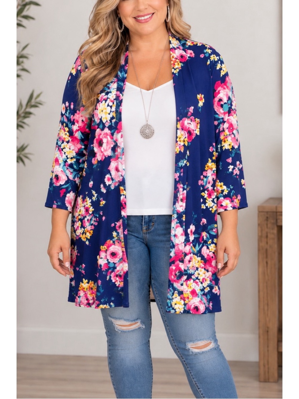 Heimish Cardigan in Navy and Multi Colored Floral Bouquet, size 2x